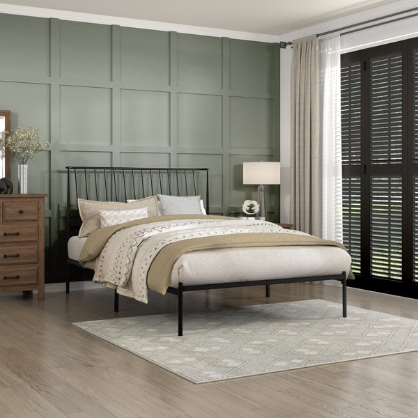 English Elm Metal Queen Platform Bed Matte Powder Coat Angled Headboard Low Profile Frame Black B011P261195
