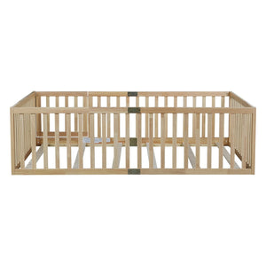 English Elm Twin Montessori Floor Bed Solid Rubber Wood with Safety Fence Rails Toddler Room W504P411200