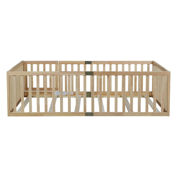 English Elm Twin Montessori Floor Bed Solid Rubber Wood with Safety Fence Rails Toddler Room W504P411200