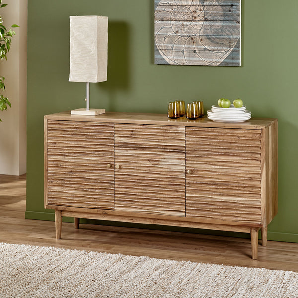 English Elm Christopher Knight Home® - SIDEBOARD Handcrafted 3-Door Natural Acacia Wood Boho Side Cabinet with Carved Texture & Storage 68732.00