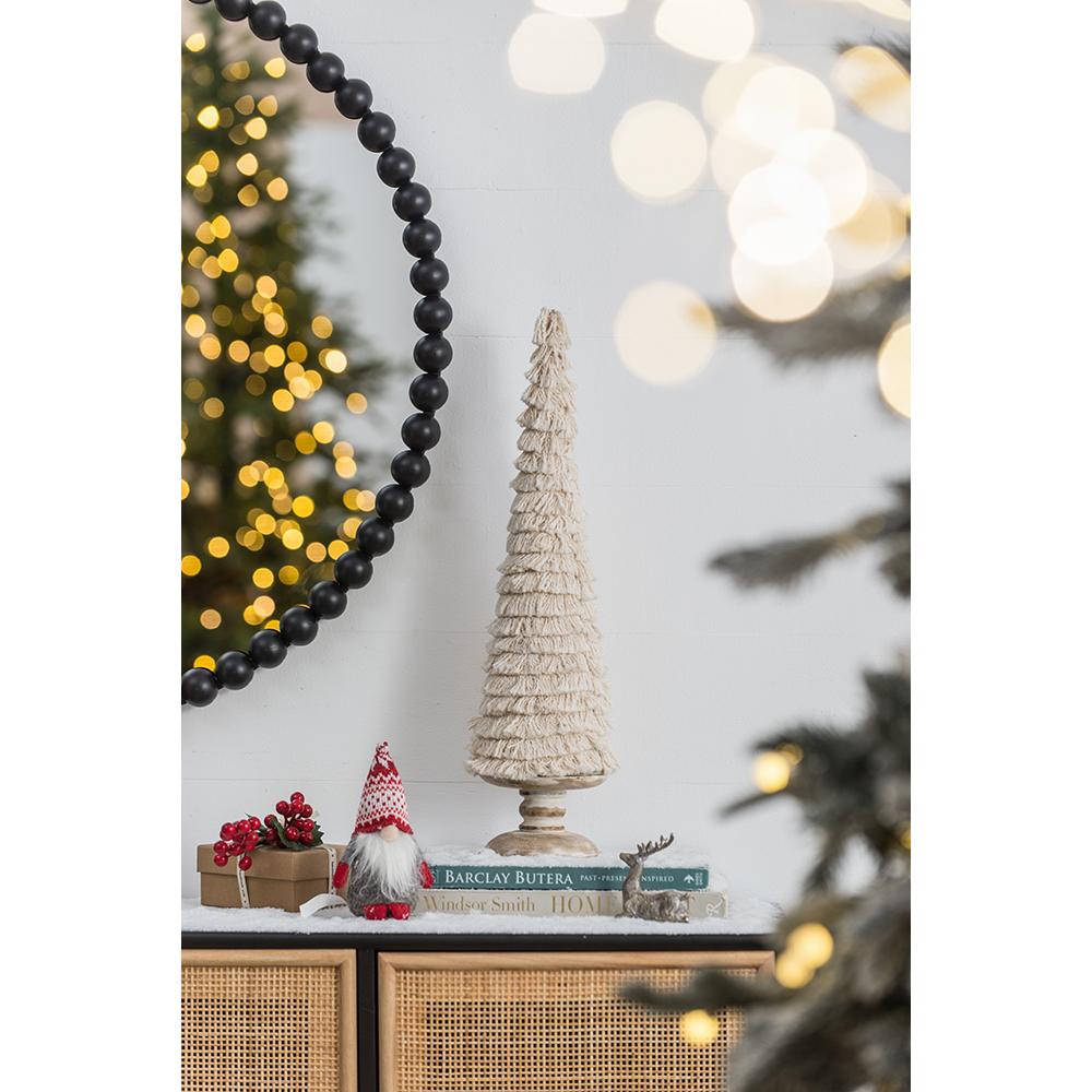 English Elm D5.1x21.7" Rustic Fringe Tassel Holiday Cone with Warm Wooden Base, Cheerful Festive Table Decor W2078P359431