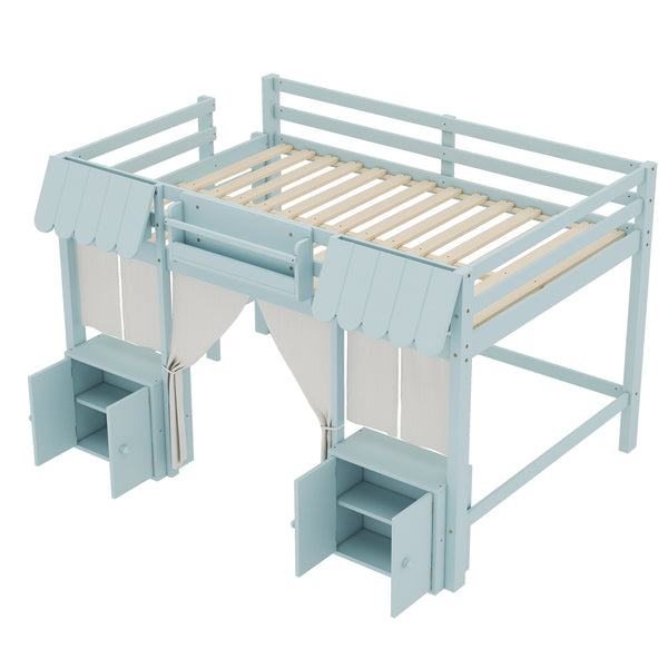 English Elm Full Loft Bed With Playful Cottage Design, Built-In Bookshelf, Curtain & Safety Guardrails For Kids W1580S00360