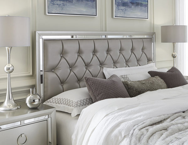 English Elm CHLOE Gemstone Silver Full Bed Frame with Mirror Trim, Detailed Stitching, Solid Wood Support Silver+Grey 60 L x 24.25 W x 6.88 H B201S00054