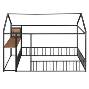 English Elm Full Size Metal House Bed Frame with Desk, Shelves, USB Power Ports & Playful Roof for Kids Room Delight Black N737P173491B