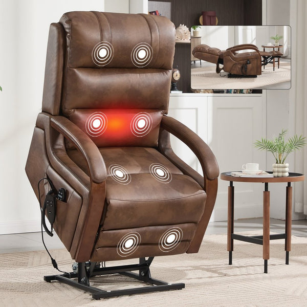 English Elm Power Lift Recliner with Dual Motor Heat Massage Leatheraire and Wood Armrests W1803S00078