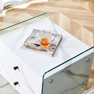 English Elm Double-drawer modern bedside table with MDF surface, tempered glass sides, elegant storage design W1151P191734