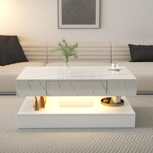 English Elm 16.93IN LED Coffee Table with Remote RGB Lighting, Spacious Drawer, Melamine Finish, Modern Elegance White,White Marble W331P269983