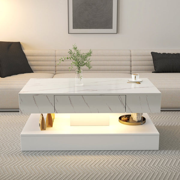 English Elm 16.93IN LED Coffee Table with Remote RGB Lighting, Spacious Drawer, Melamine Finish, Modern Elegance White,White Marble W331P269983