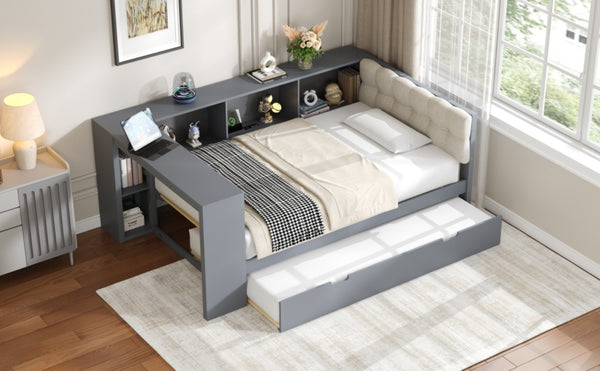 English Elm Wood Twin Platform Bed Linen Headboard Storage Shelves Trundle Charging Station Gray N709P004023E