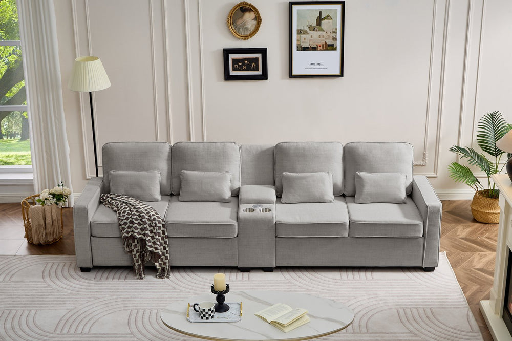 English Elm 114" Modern Upholstered Sofa with Console, Built-In USB & Cupholders, Durable Linen Fabric Comfort Light Brown W2353S00005