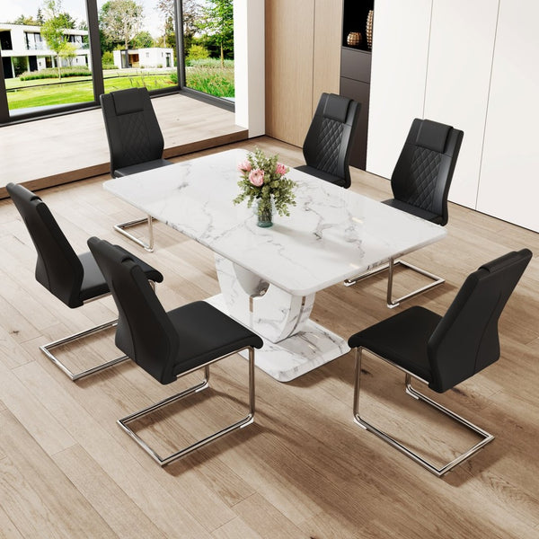 English Elm Table And Chair Set - Elegant Marble Pattern Mdf Dining Set With 6 Comfortable Black Pu Chairs W1151S02184-GIGA
