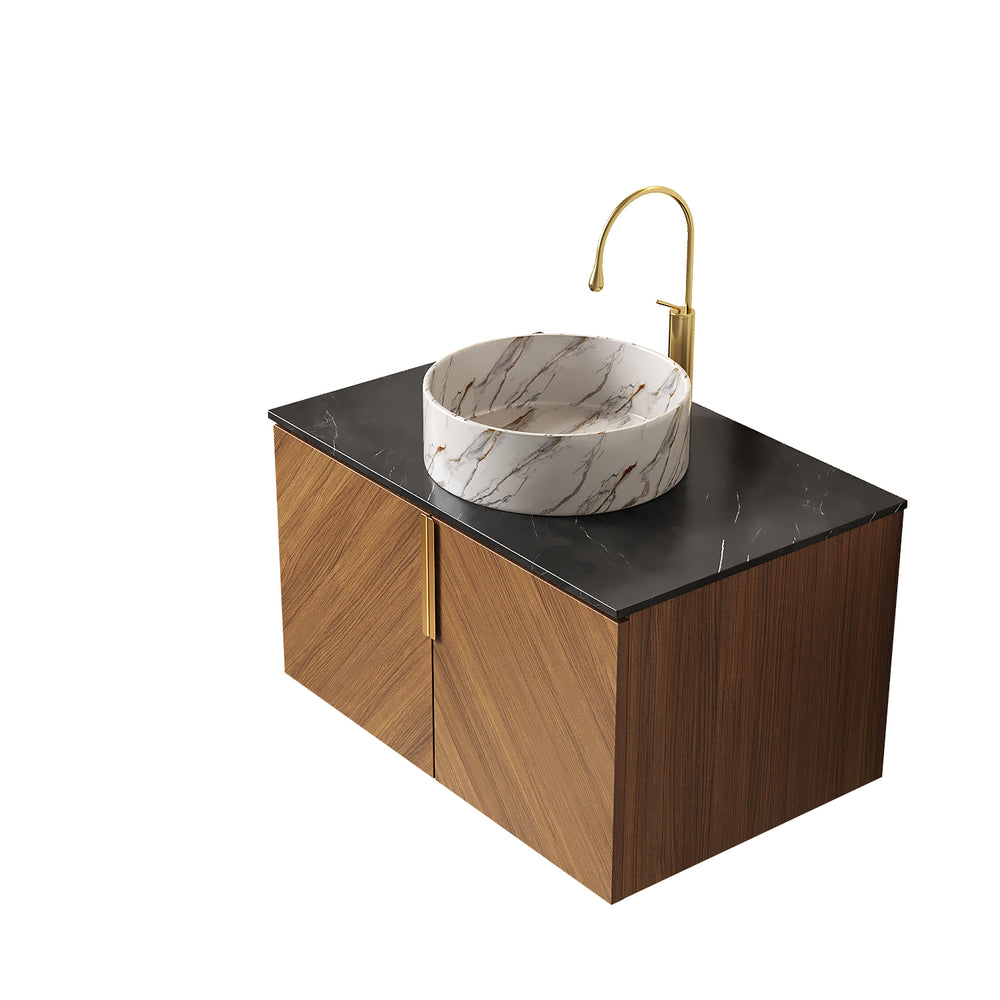 English Elm Arai 30" Wall-Mounted Bathroom Vanity With Sink, Elegant Black Countertop & Stylish Oak Cabinet Design W2615S00451
