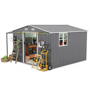 English Elm 10x12 Ft Galvanized Steel Outdoor Shed Dual Zone Lockable Sliding Doors Backyard Storage Dark Gray W1598S00034