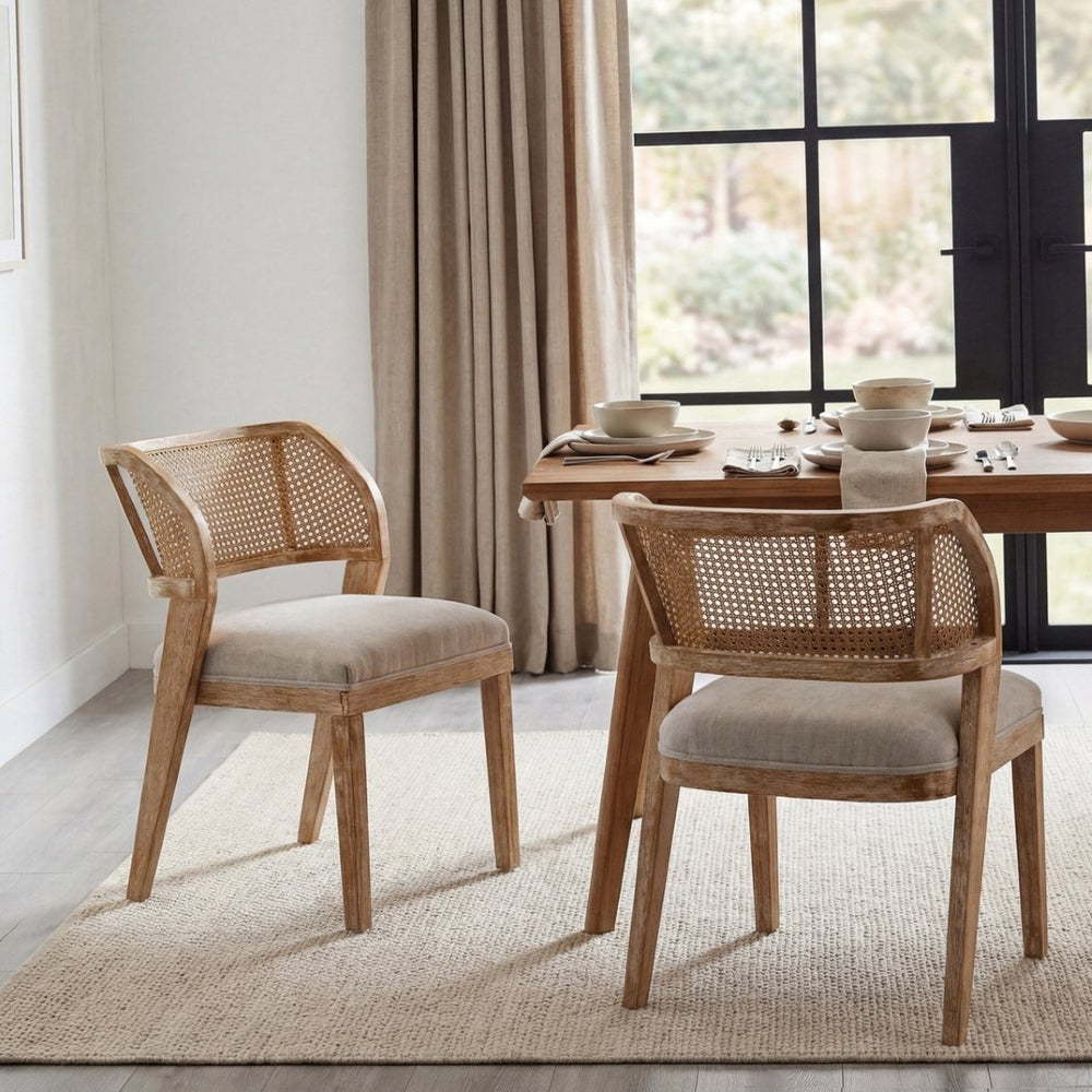 English Elm Upholstered Rattan Back Dining Chairs Solid Rubberwood Farmhouse Boho Set of 2 N776P394378D