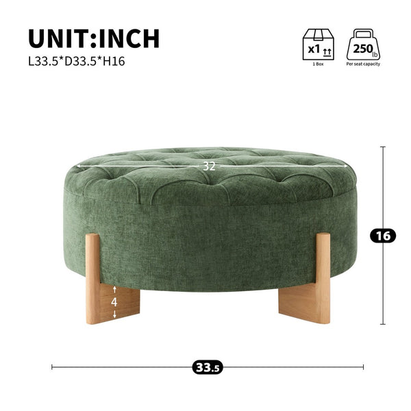 English Elm 32" Round Chenille Ottoman Tufted Footrest with Rubberwood Legs for Living Room Green N723P405298G