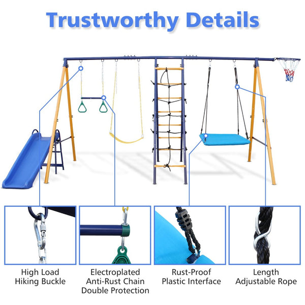English Elm 500 Lb Outdoor Kids Swing Set with Slide Climbing Net Rings and Basketball Hoop W1408S00001