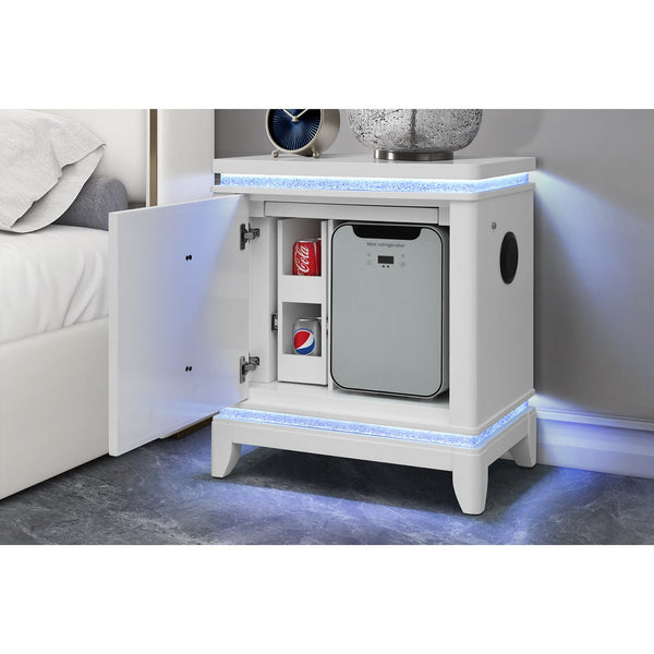 English Elm Adalid White Nightstand with Glittered Front, Bluetooth Speaker, LED Light, Built-in Cooler & USB Port B201P394797