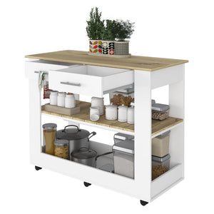 English Elm Brooklyn Rolling Kitchen Island with Two Drawers Open Shelves Rustic Farmhouse Style B128P148886