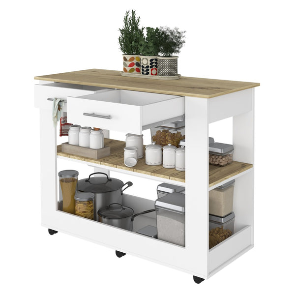 English Elm Brooklyn Rolling Kitchen Island with Two Drawers Open Shelves Rustic Farmhouse Style B128P148886