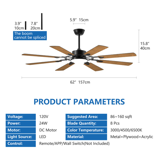 English Elm 60 60 Inch Windmill Ceiling Fan with 8 Plywood Blades, Quiet 6-Speed DC Motor, Remote, LED 3CCT W1340P346388