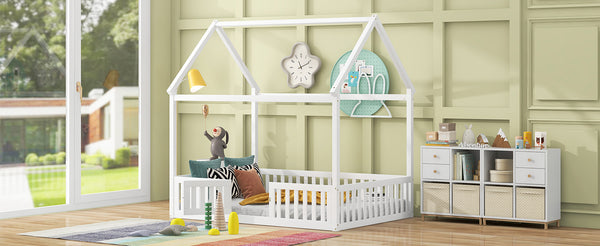 English Elm Full Full Size Wood House Bed with Roof, Fence & Working Door in Washed White Pine — Cozy Play Loft Retreat for Kids (78.1" L x 55.8" W x 77.2" H) WF531502AAK