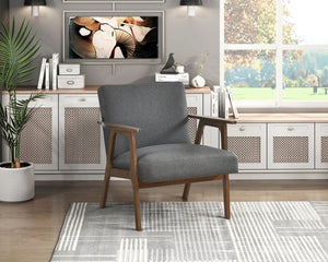 English Elm Modern Mid-Century Accent Chair Walnut Frame with Textured Linen Upholstery and Cushioned Seat Comfortfulness Dark Gray 26.5 L x 23.5 W x 10 H B011P308030