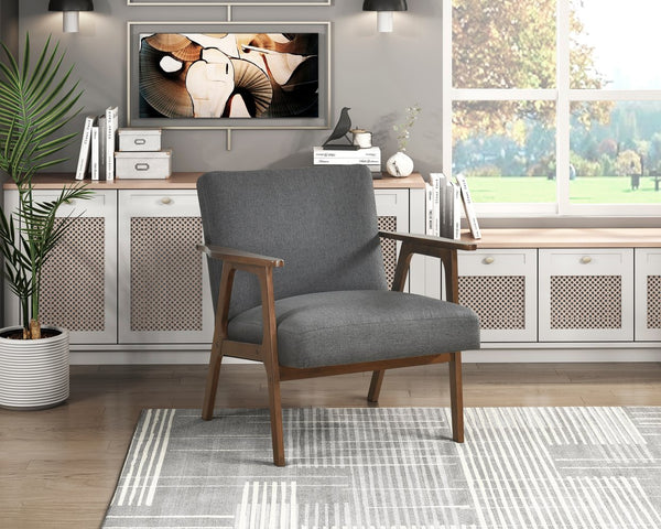 English Elm Modern Mid-Century Accent Chair Walnut Frame with Textured Linen Upholstery and Cushioned Seat Comfortfulness Dark Gray 26.5 L x 23.5 W x 10 H B011P308030