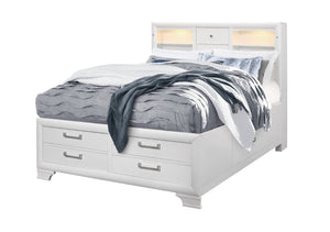 English Elm Civic King Platform Storage Bed Bookcase Headboard with Built-in Lighting White B201S00491