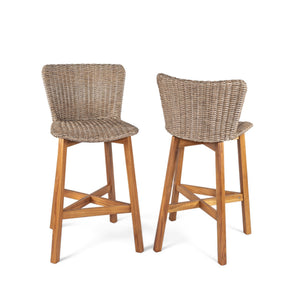 English Elm Christopher Knight Home® - Lymington Outdoor Bar Stool Set of 2 — Durable Acacia & Wicker Craft, Ergonomic 105° Backrest Comfort Light Brown,Teak N775P278094B