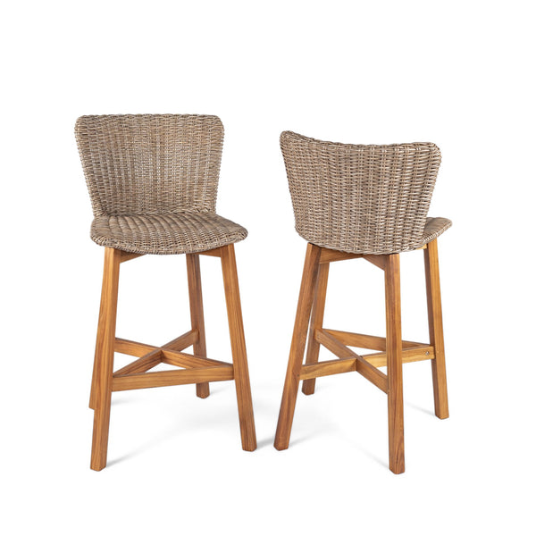 English Elm Christopher Knight Home® - Lymington Outdoor Bar Stool Set of 2 — Durable Acacia & Wicker Craft, Ergonomic 105° Backrest Comfort Light Brown,Teak N775P278094B
