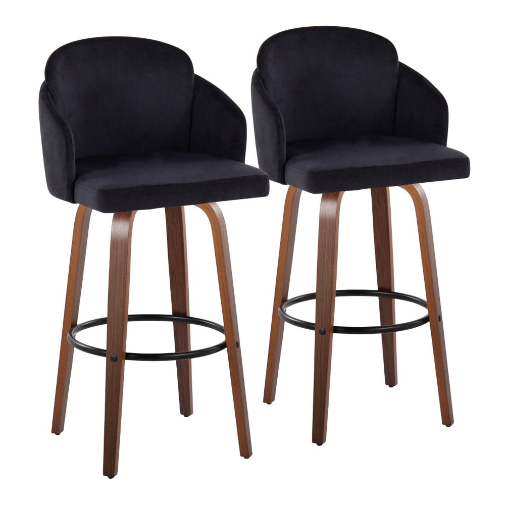 English Elm Fixed-height Mid-century Barstools with Walnut Legs and Grey Upholstered Seats Set Black B202S01904