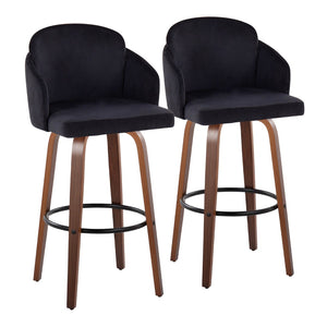 English Elm Fixed-height Mid-century Barstools with Walnut Legs and Grey Upholstered Seats Set Black B202S01904