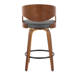 English Elm Pino 26" Mid-Century Counter Stool Set of 2 – 360° Swivel Grey Faux Leather, Walnut Legs, Black Footrest B202S00369