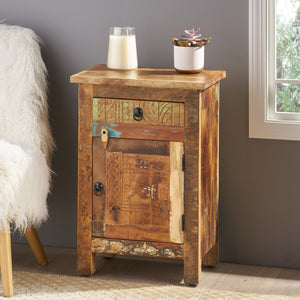 English Elm Christopher Knight Home® - CARVED Recycled Wood Side Table in Natural Finish with Distressed Paint, Drawer & Cabinet Storage 66416.00