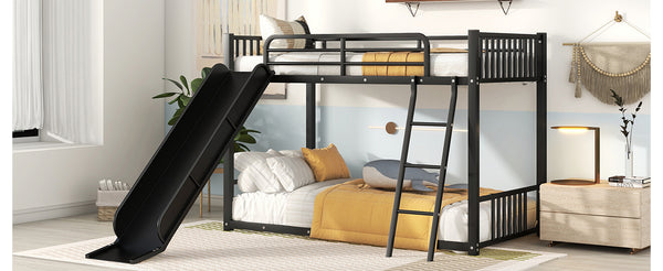 English Elm Metal Bunk Bed with Slide Twin over Twin Stylish Space-Saving Metal Frame, Safe Stairs & Playful Slide Fun Black MF285671AAB