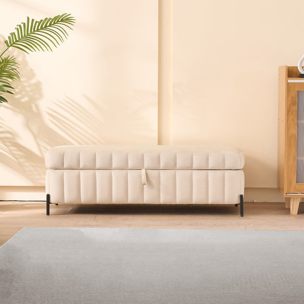 English Elm 49.21" Wide Velvet Upholstered Storage Bench with Lift Top and Slim Metal Legs Beige W3118P272642