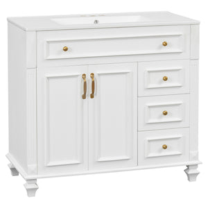 English Elm 36" Modern Bathroom Vanity with Ceramic Sink, Gold Handles, Flip-Out Drawer & Soft-Close Doors White N725P283623K