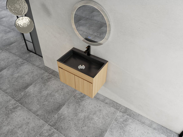English Elm 28" Wall Mounted Bathroom Vanity with Gun-Gray Stainless Sink, Soft-Close Doors, Plywood, Oak Finish, KD W999P376889