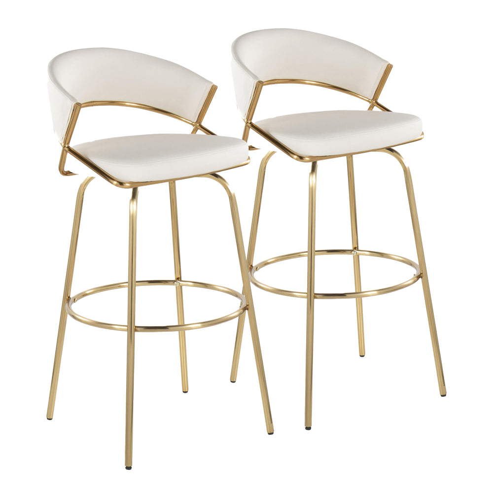 English Elm Jie Contemporary 30" Swivel Barstools In Gold Metal & White Faux Leather - Chic Set Of 2 For Dining B202S00607