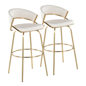 English Elm Jie Contemporary 30" Swivel Barstools In Gold Metal & White Faux Leather - Chic Set Of 2 For Dining B202S00607