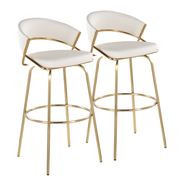 English Elm Jie Contemporary 30" Swivel Barstools In Gold Metal & White Faux Leather - Chic Set Of 2 For Dining B202S00607