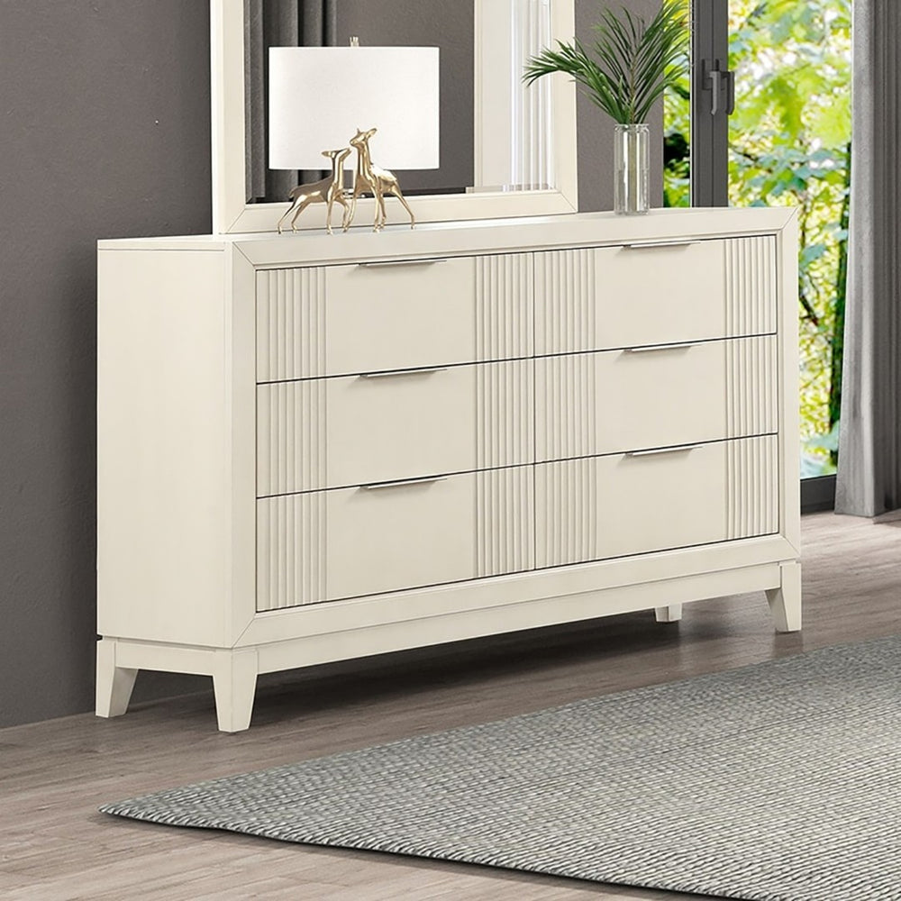 English Elm Antique White Solid Wood Dresser Fluted Panels Chrome Pulls Dovetail Bedroom Storage B2741P491737