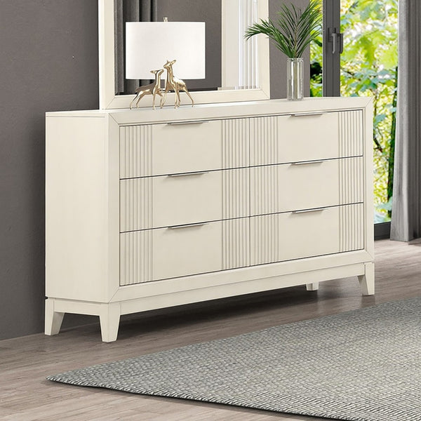 English Elm Antique White Six Drawer Dresser with Mirror Fluted Wood Panels Chrome Pulls B2741S00927