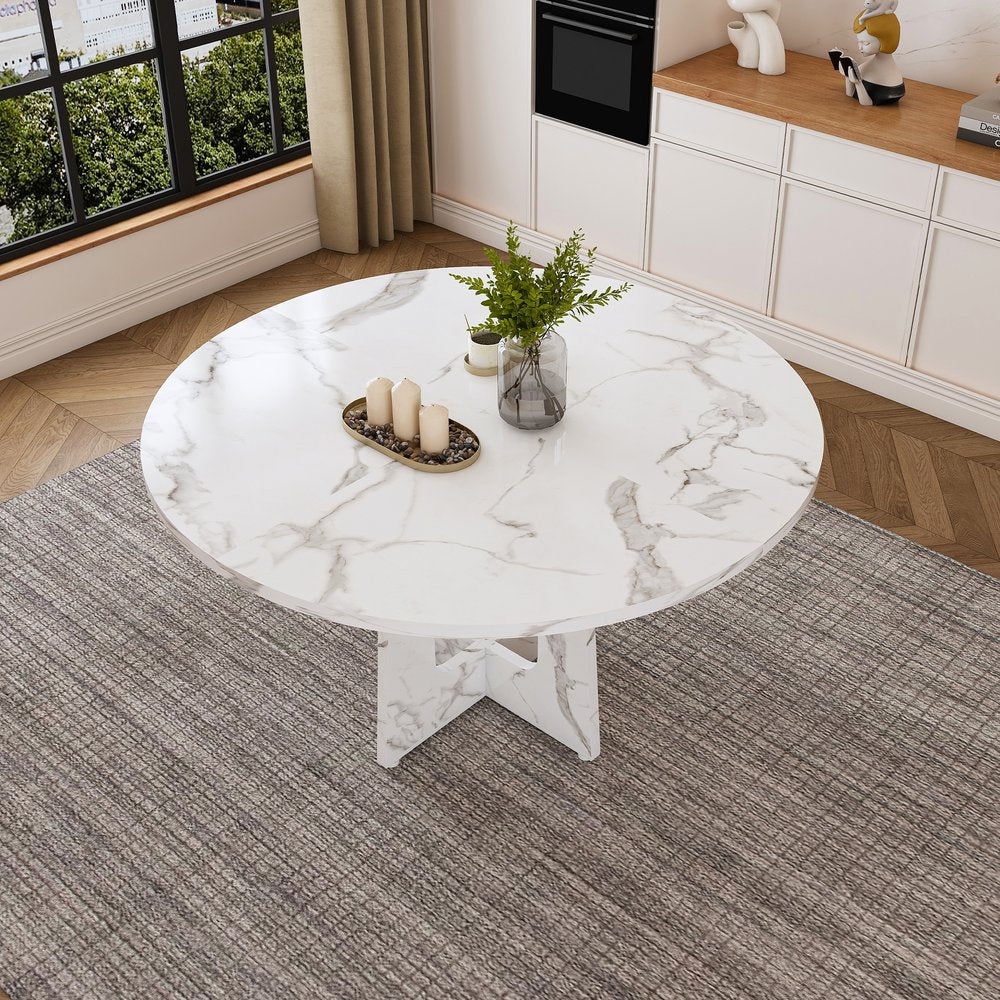 English Elm 47.24" Round Dining Table - Marble White Farmhouse MDF Top, 300lb Capacity, Easy Tool-Free Assembly, Stable for 4-6 Guests W2700P331236