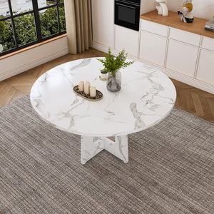 English Elm 47.24" Round Dining Table - Marble White Farmhouse MDF Top, 300lb Capacity, Easy Tool-Free Assembly, Stable for 4-6 Guests W2700P331236