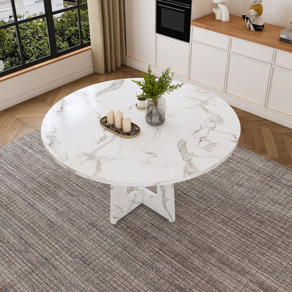 English Elm 47.24" Round Dining Table - Marble White Farmhouse MDF Top, 300lb Capacity, Easy Tool-Free Assembly, Stable for 4-6 Guests W2700P331236