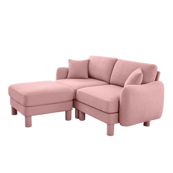English Elm Boucle Loveseat Sofa With Shell-Shaped Armrests, Removable Ottoman, And Cylindrical Legs In Pink W3041S00291