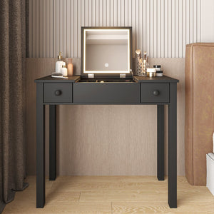 English Elm Multifunctional Vanity Desk with Flip-Top Mirror, 3-Level LED Lighting, Ample Storage for Small Spaces Black W760P152315