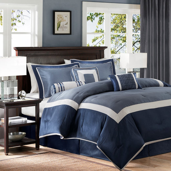 English Elm 7 Piece Comforter Set - Elegant Navy Cal King Bedding With Decorative Pillows & Bedskirt Included B03596972