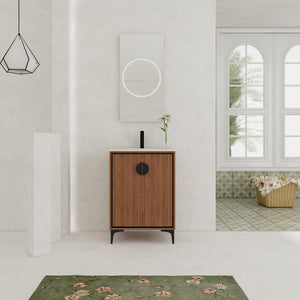 English Elm 24'' Modern Brown Bathroom Vanity with Drop-In Ceramic Sink, Engineered Wood, Soft-Close Doors, Ample Storage W1972S00001
